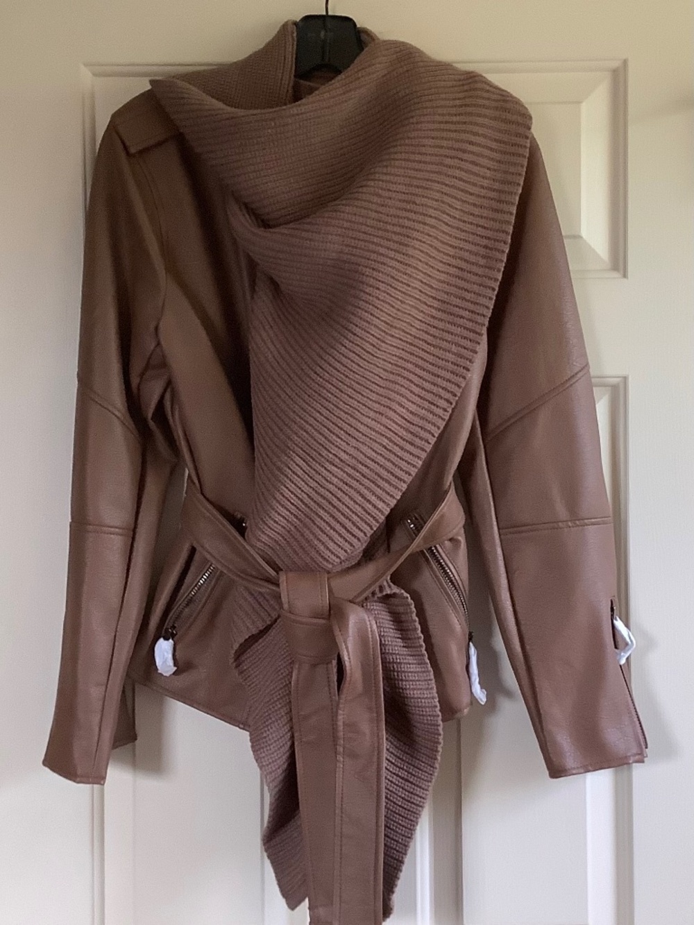 G.I.L.I. Sweater Knit Cascade Faux Leather Motorcycle Jacket Camel SZ 12